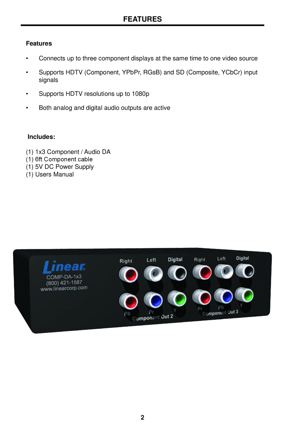 Linear COMP-DA-1X3 user manual Features, Includes 