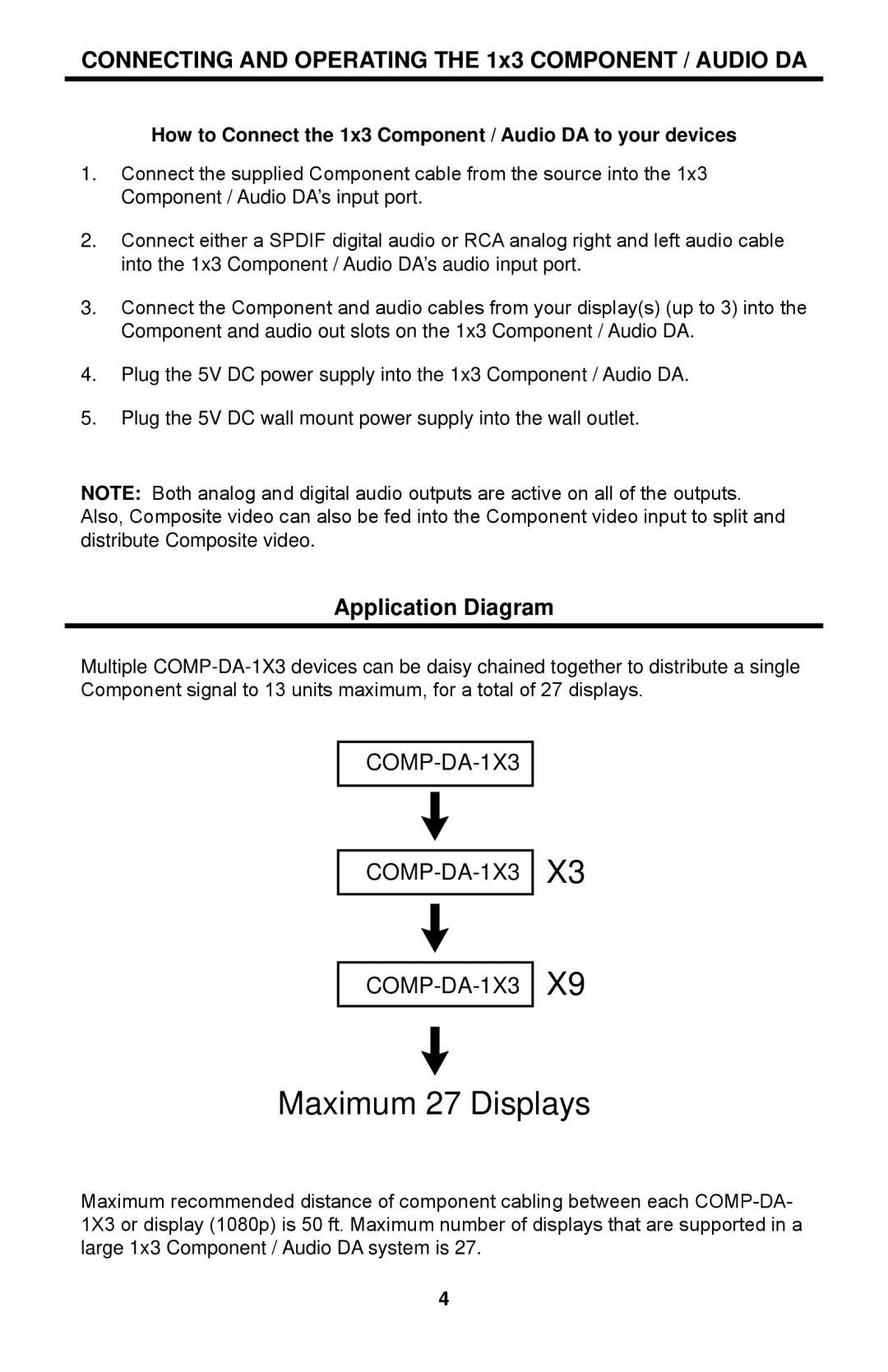 Linear COMP-DA-1X3 user manual Connecting and Operating the 1x3 Component / Audio DA 