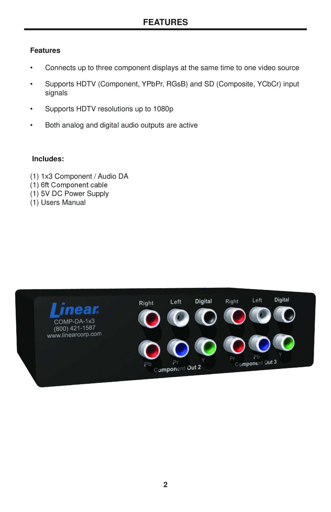 Linear COMP-DA-1X3 user manual Features, Includes 