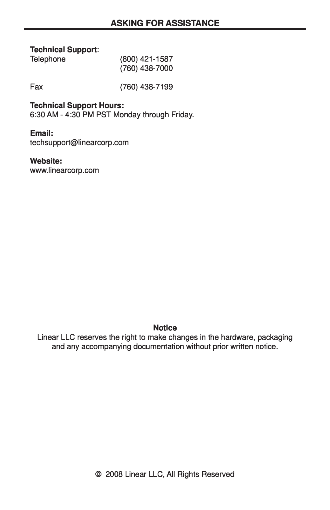 Linear COMP-DA-1X8 user manual Asking For Assistance, Technical Support Hours, Website 