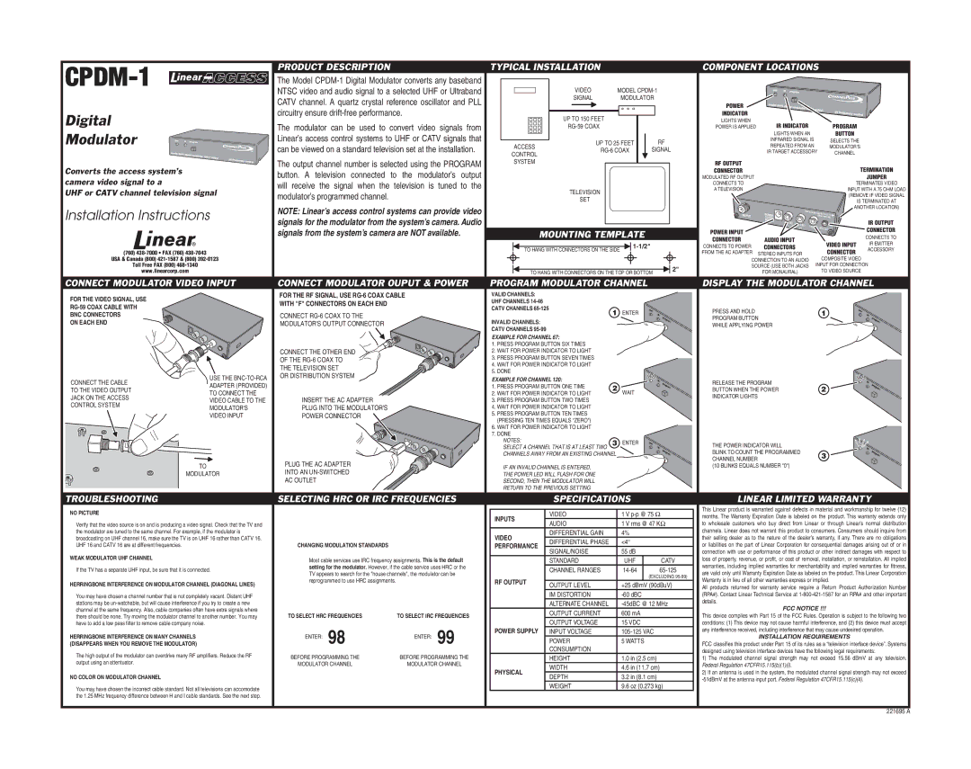 Linear cpdm-1 installation instructions RG-59 Coax Cable with, BNC Connectors, On Each END, Inputs, Video, Performance 