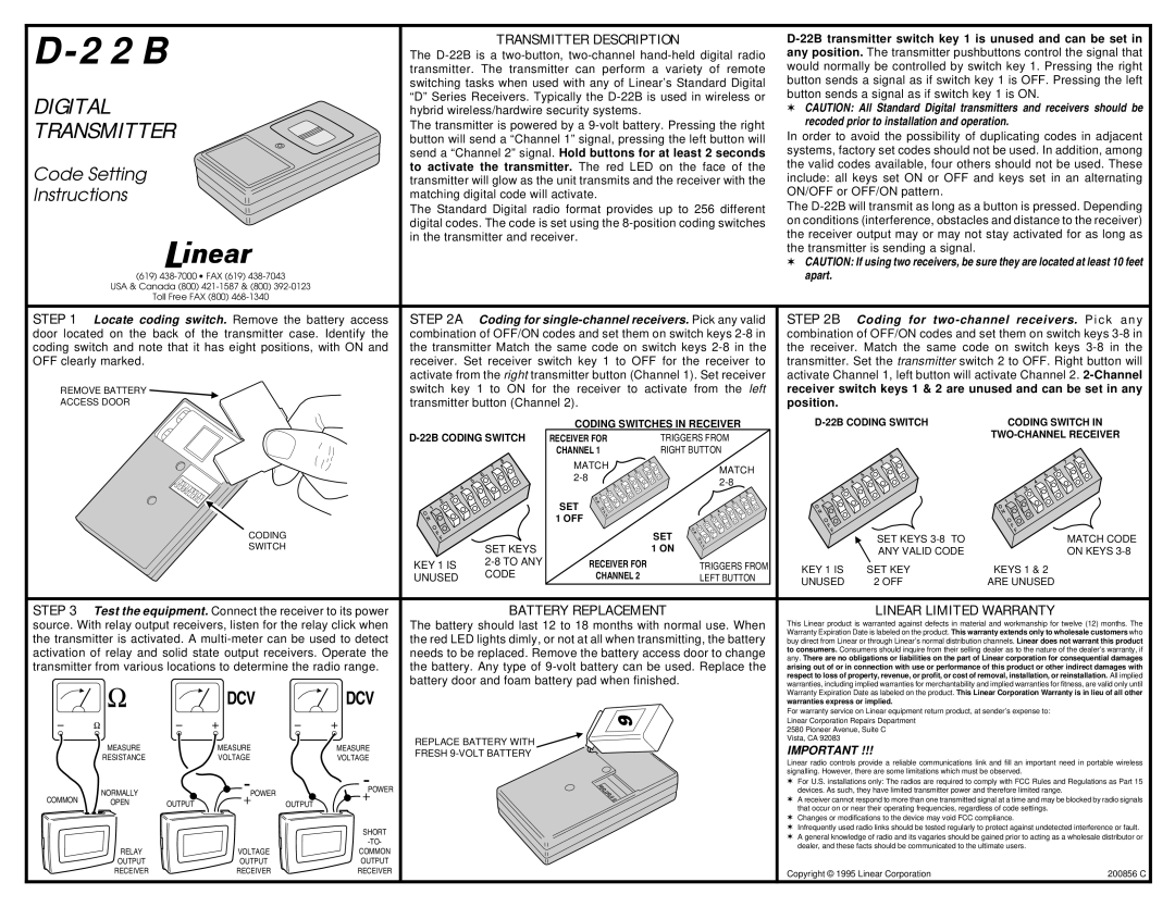 Linear D-22B warranty Measure, Voltage, Power, Common 