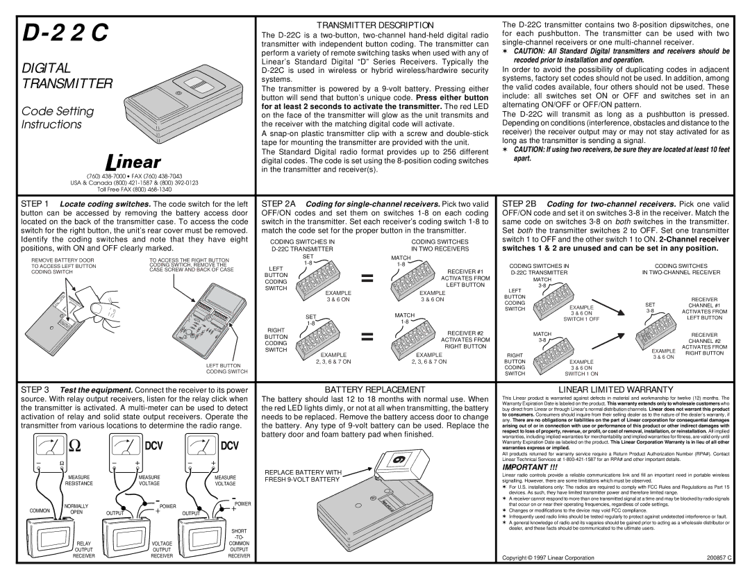 Linear D-22C warranty Set, Example, Normally Power, Open Output 