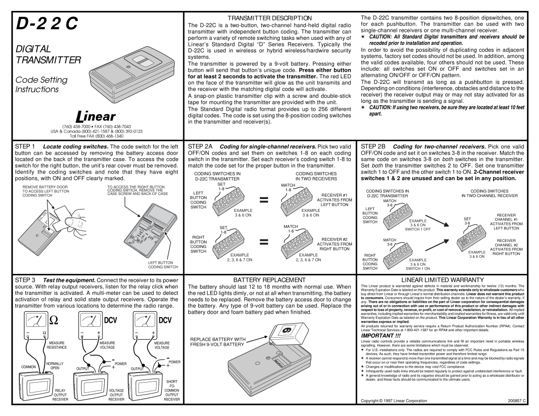 Linear D-22C warranty Digital, Code Setting, Instructions, Transmitter Description, Battery Replacement 