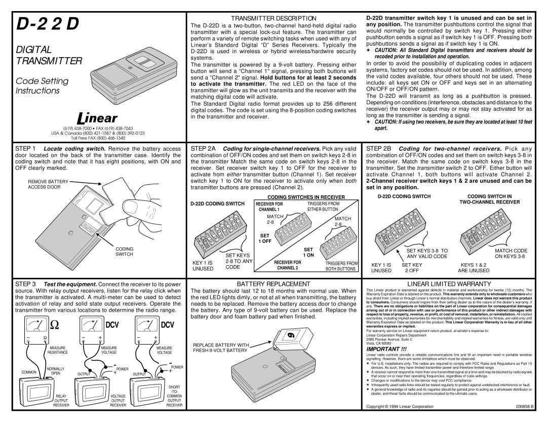 Linear D-22D warranty Measure, Voltage, Power, Common 