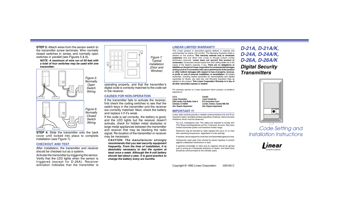 Linear D-26A(/K), D-24A(/K) manual Normally Open Switch Wiring Closed, Checkout and Test, Typical Installation Door Window 