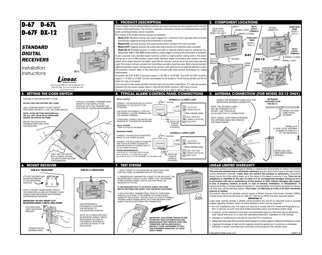 Linear D-67L installation instructions For MULTI-CHANNEL Transmitters, Refer to the Instructions, FEET, USE Type RG-59 