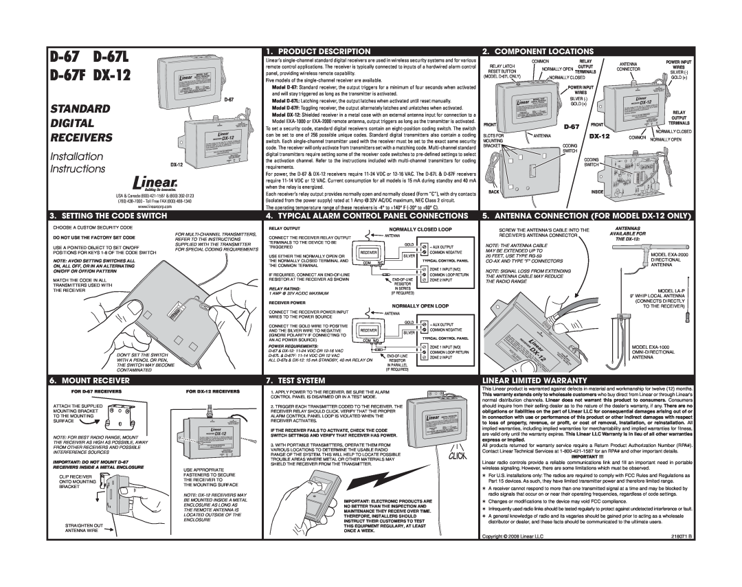 Linear D-67L installation instructions D-67F DX-12, Standard, Digital, Receivers, Installation, Instructions, Test System 