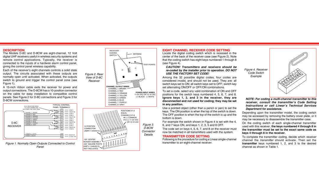 Linear D-8C manual Description, Eight Channel Receiver Code Setting, Transmitter Code Setting 