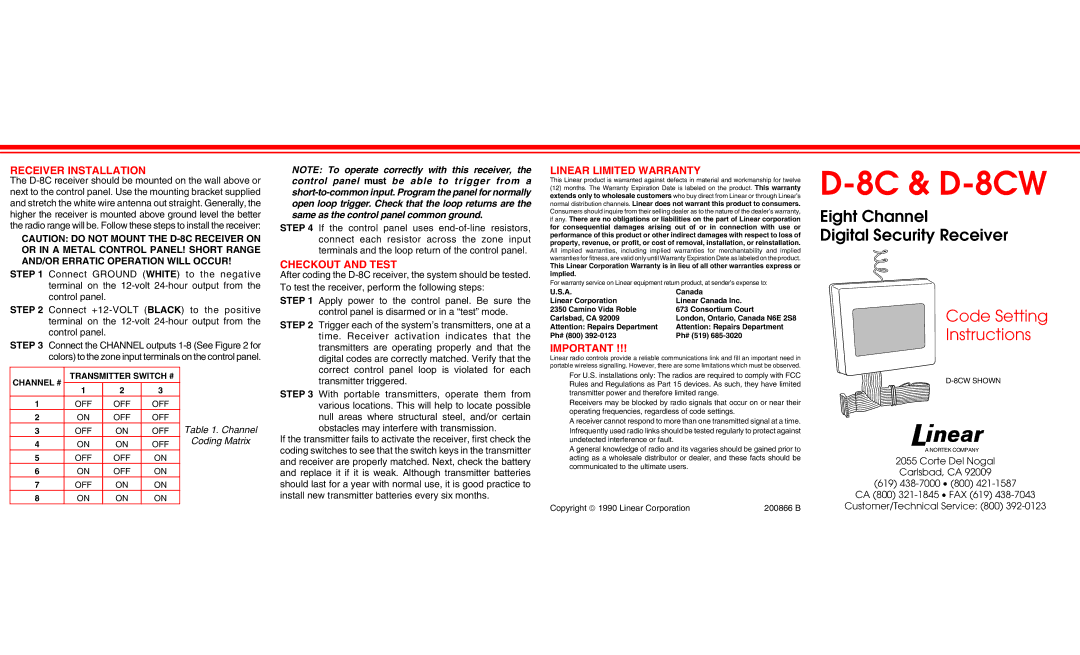 Linear D-8C manual Receiver Installation, Checkout and Test, Linear Limited Warranty 