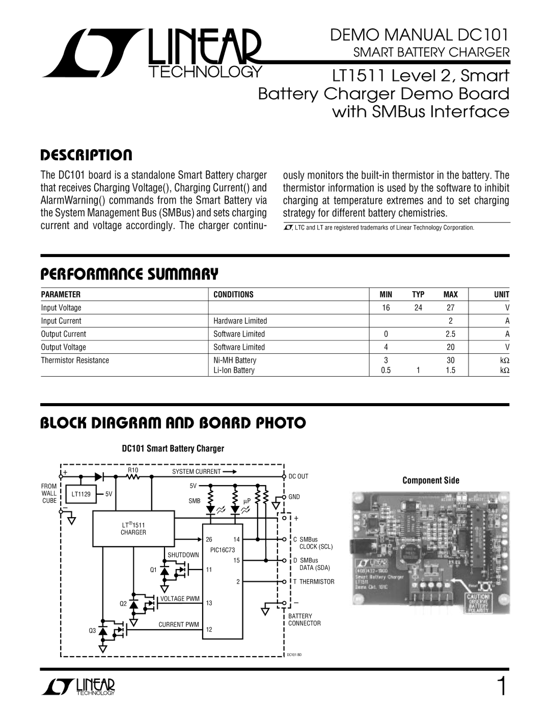 Linear manual Block Diagraw AUD Board Photo, DC101 Smart Battery Charger, Parameter Conditions MIN TYP MAX 