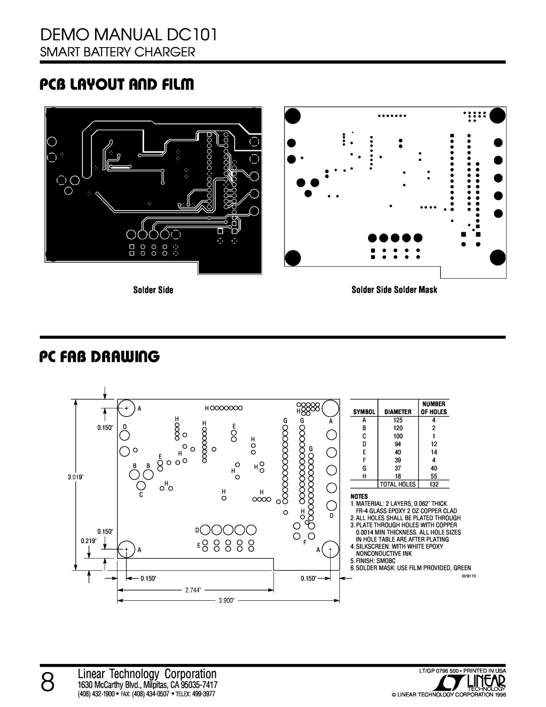 Linear Pc Fab Drawiug, DEMO MANUAL DC101, Pcb Layout Aud Filw, Smart Battery Charger, Linear Technology Corporation 