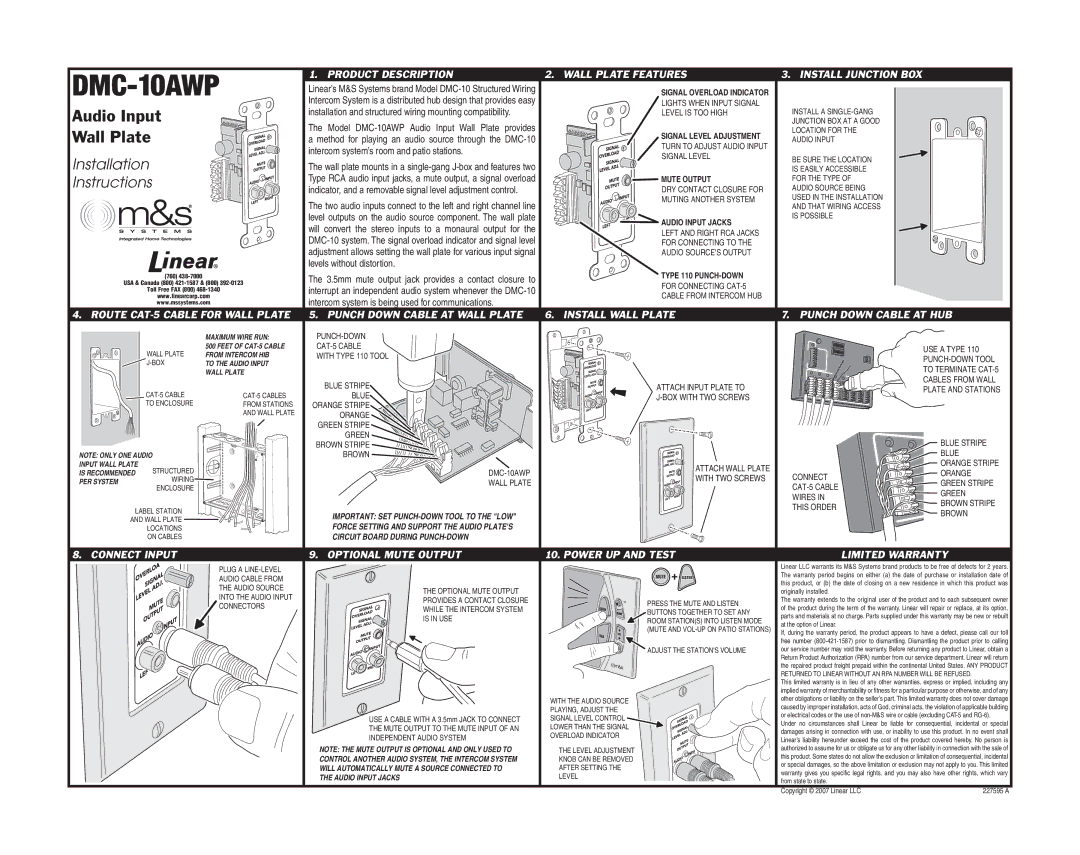 Linear DMC-10AWP installation instructions Product Description Wall Plate Features, Punch Down Cable AT HUB 