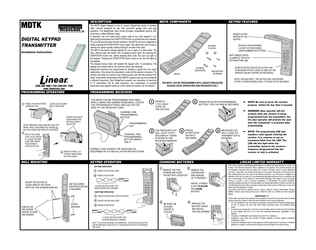 Linear Door installation instructions Description, Mdtk Components, Keypad Features 