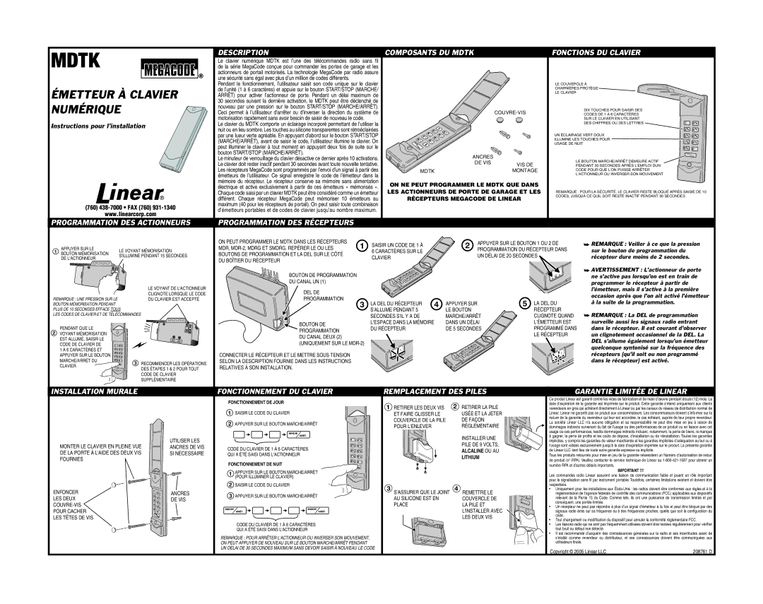 Linear Door Programmation DES Actionneurs Description, Programmation DES Récepteurs Composants DU Mdtk 