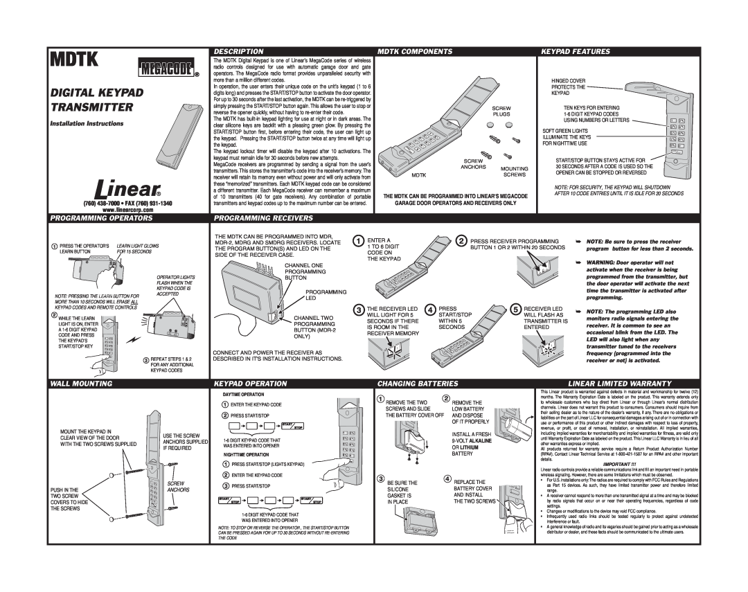 Linear Door installation instructions Description, Mdtk Components, Keypad Features, Programming Operators 
