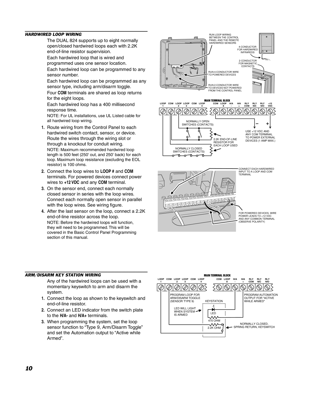 Linear DUAL 824 manual Hardwired Loop Wiring, ARM/DISARM KEY Station Wiring 