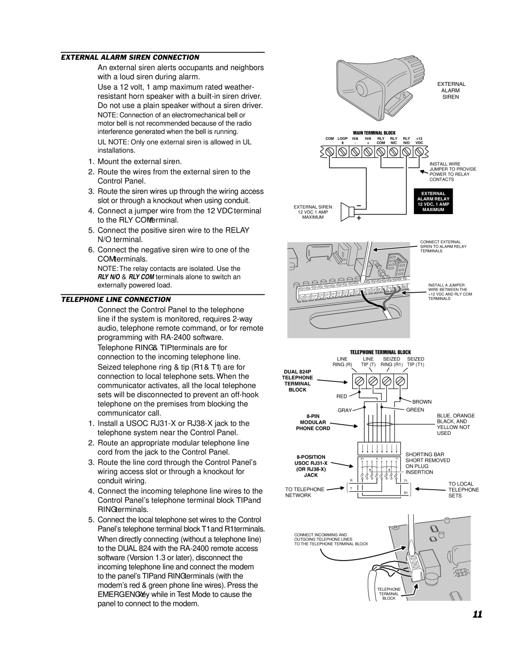 Linear DUAL 824 manual External Alarm Siren Connection, Telephone Line Connection 