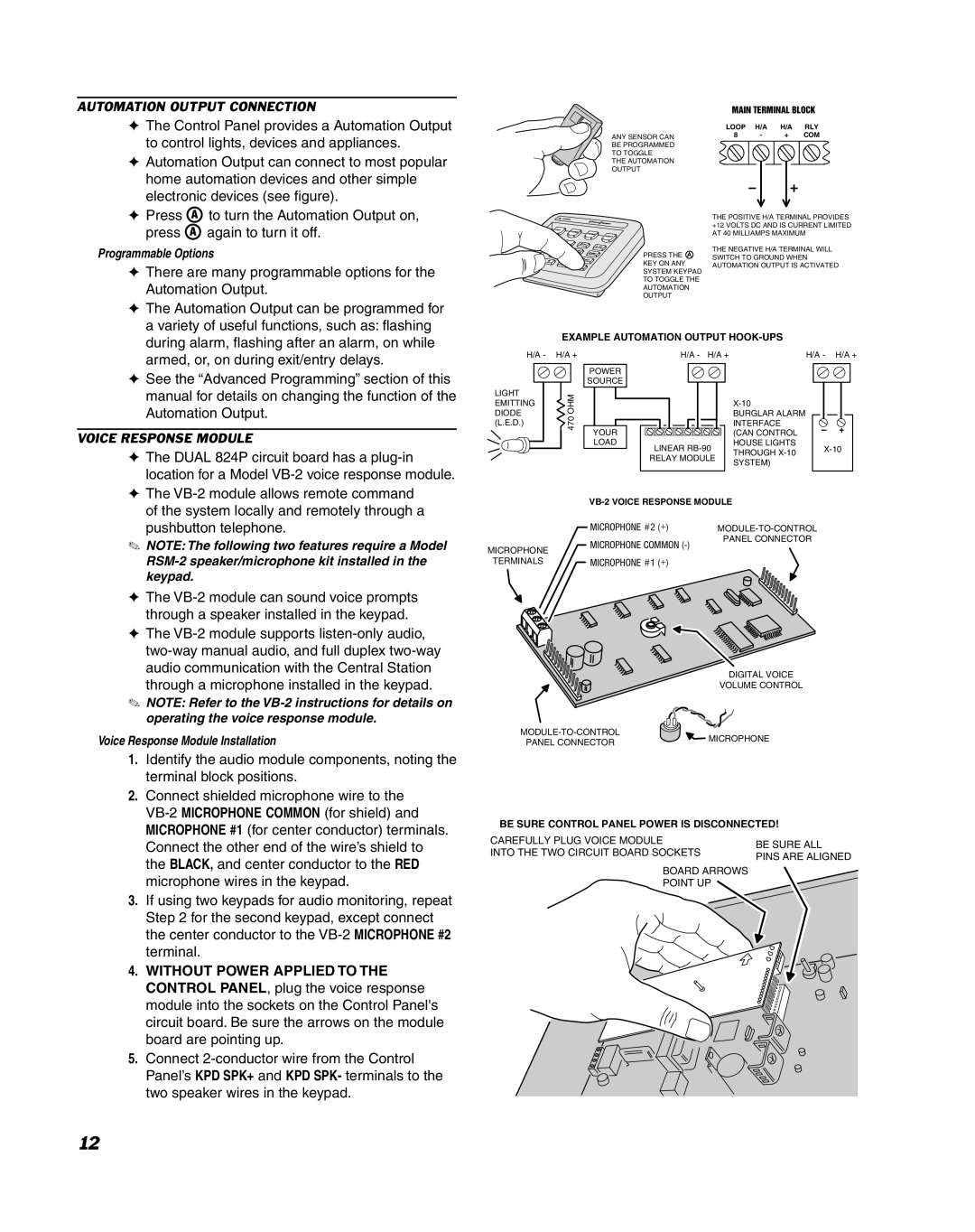 Linear DUAL 824 manual Automation Output Connection, Voice Response Module 