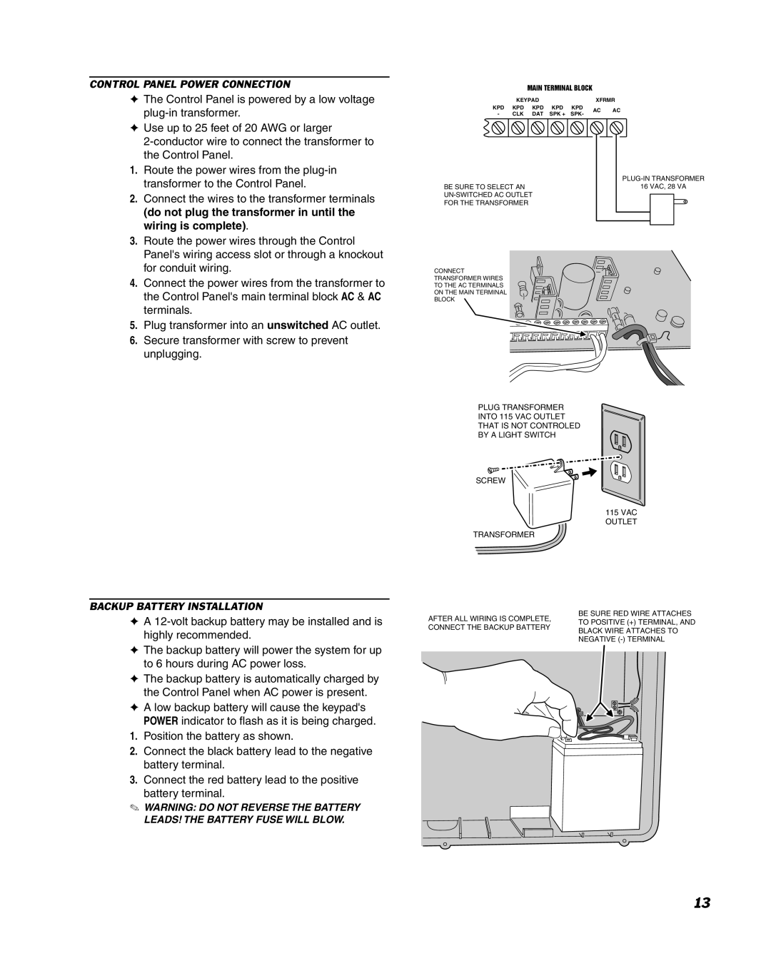 Linear DUAL 824 manual Control Panel Power Connection, Backup Battery Installation 