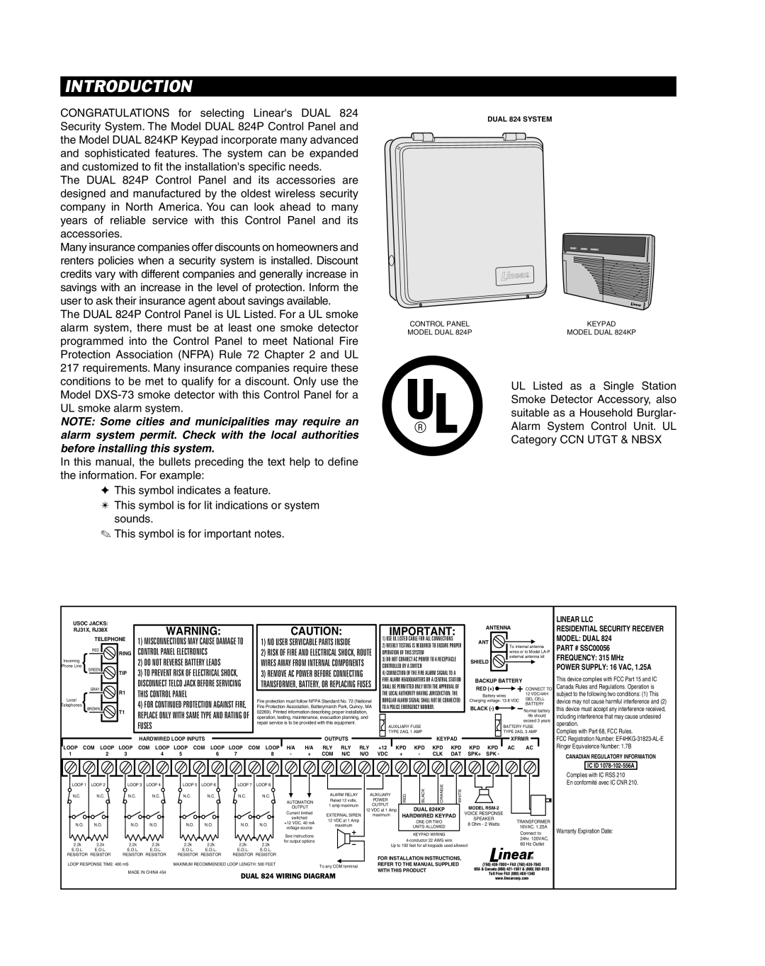 Linear DUAL 824 manual Introduction, Linear LLC 