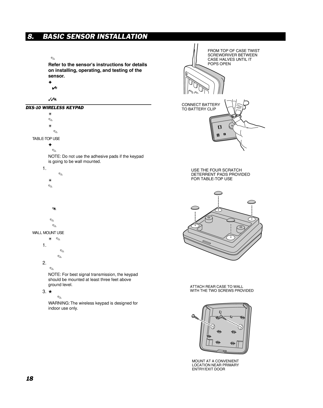 Linear DUAL 824 manual Basic Sensor Installation, DXS-10 Wireless Keypad 