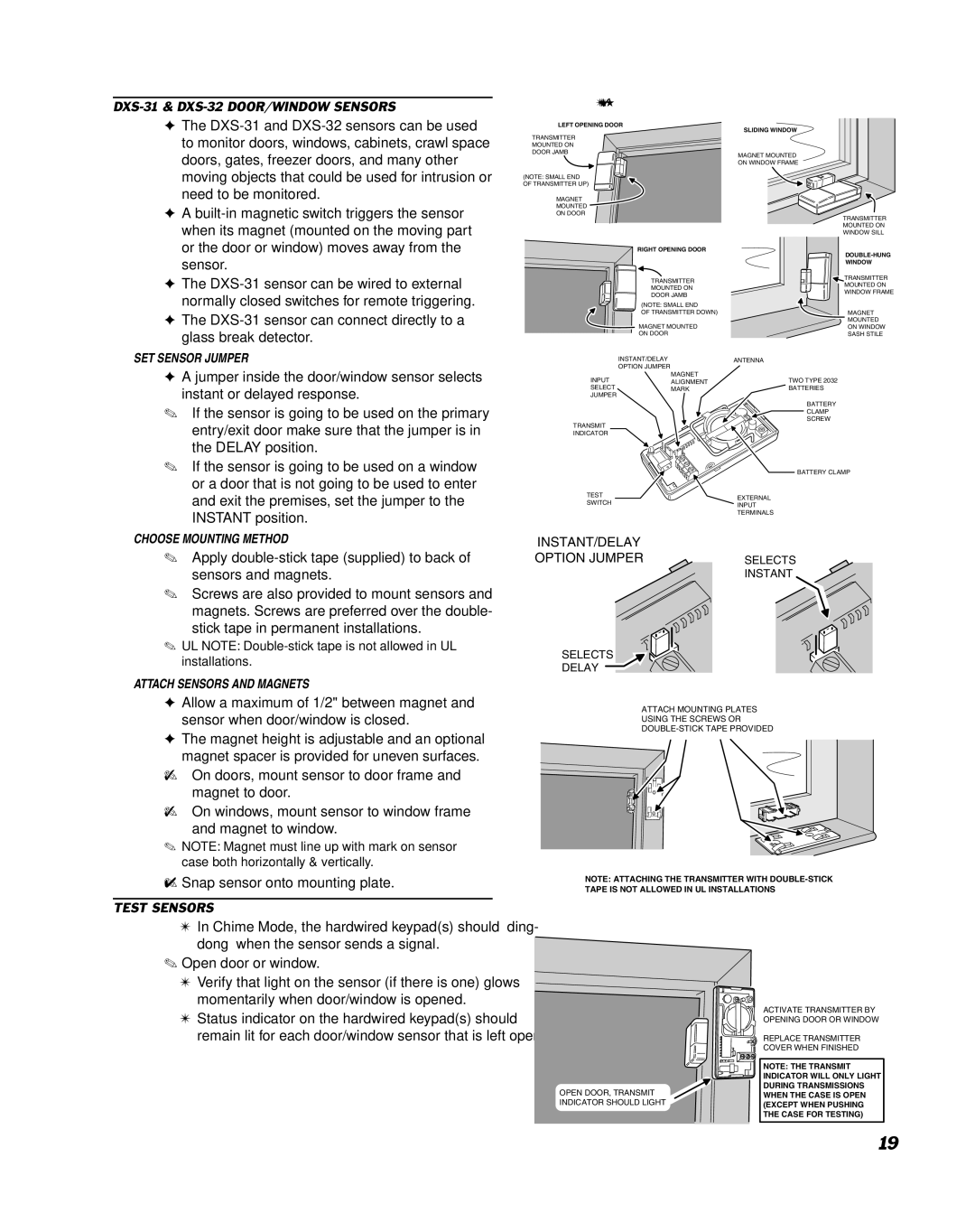 Linear DUAL 824 manual DXS-31 & DXS-32 DOOR/WINDOW Sensors, Test Sensors 