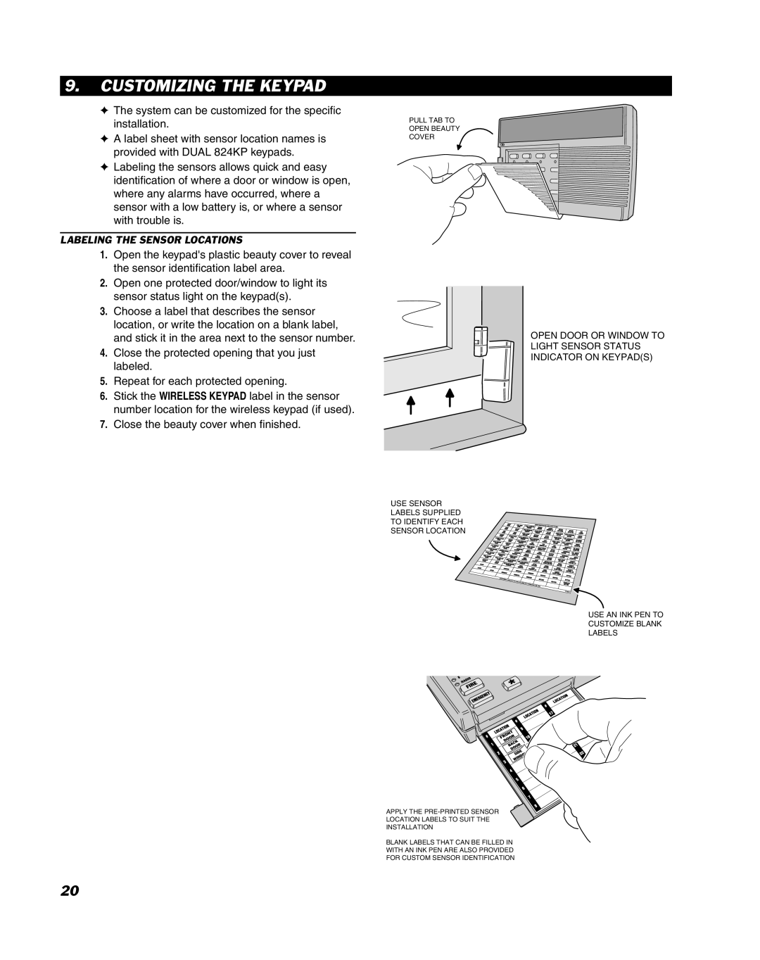 Linear DUAL 824 manual Customizing the Keypad, Labeling the Sensor Locations 