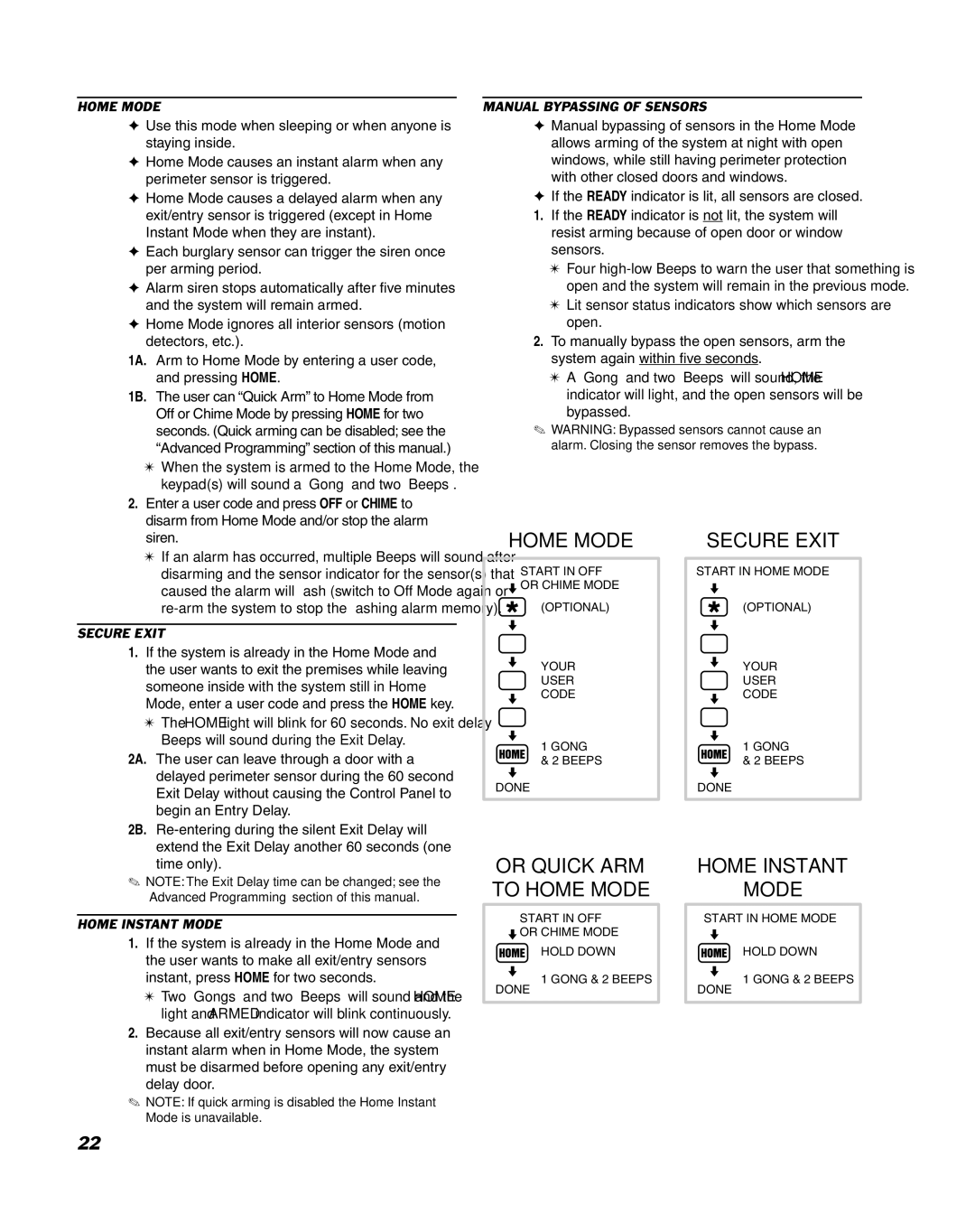 Linear DUAL 824 manual Home Mode, Manual Bypassing of Sensors, Lit sensor status indicators show which sensors are open 