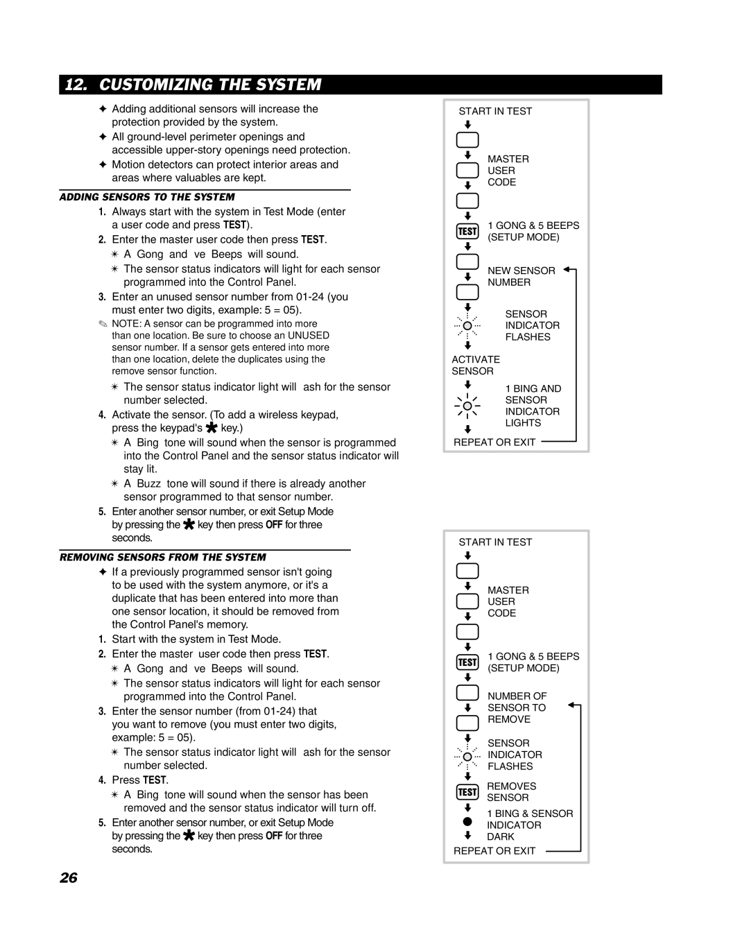 Linear DUAL 824 manual Customizing the System, Adding Sensors to the System, Gong and ﬁ ve Beeps will sound, Press Test 