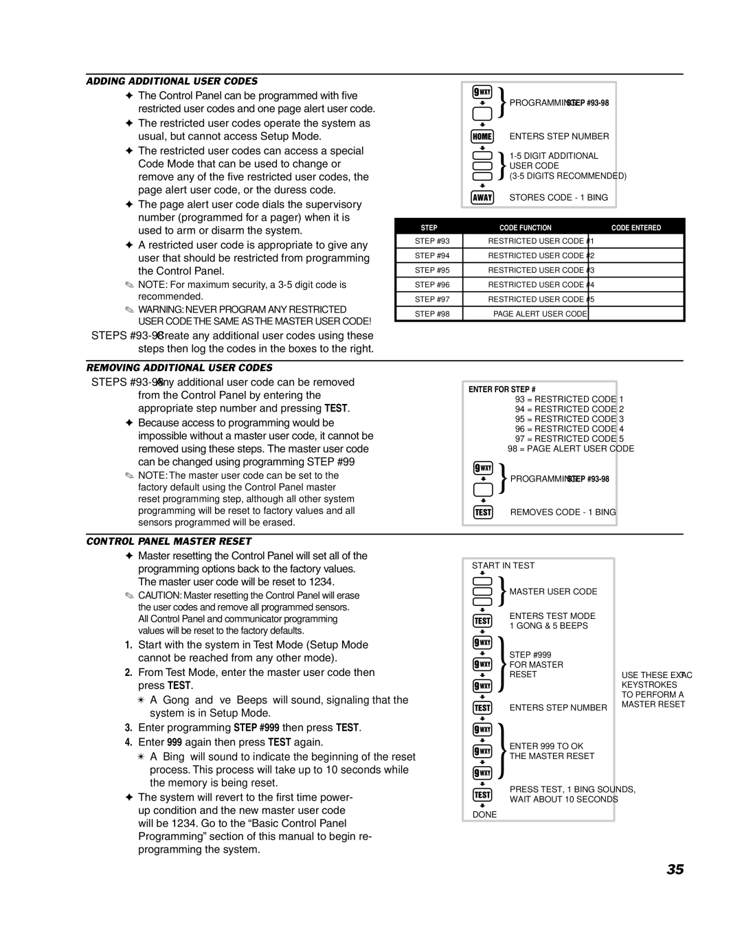 Linear DUAL 824 manual Adding Additional User Codes, Removing Additional User Codes, Control Panel Master Reset 