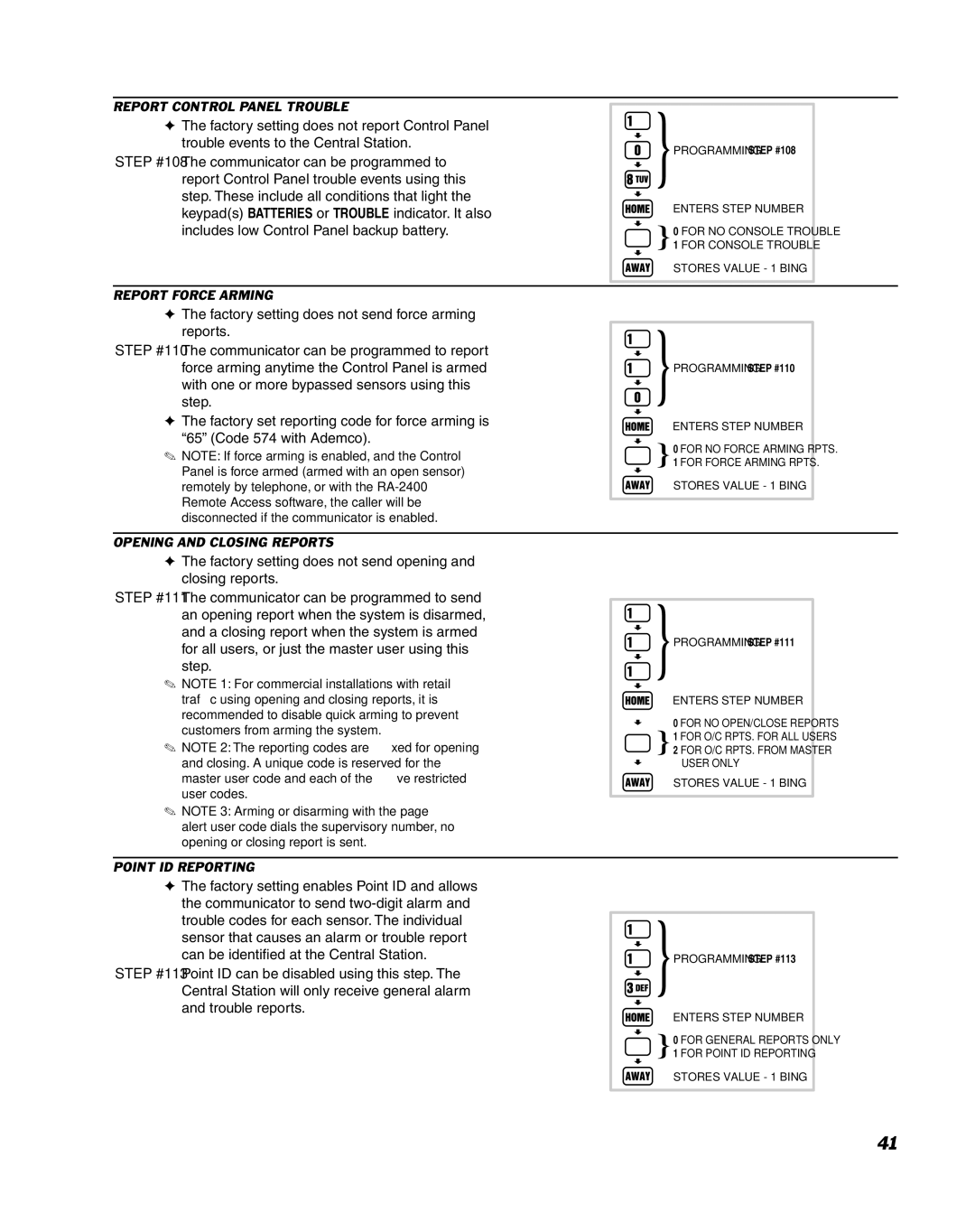 Linear DUAL 824 manual Report Control Panel Trouble, Report Force Arming, Opening and Closing Reports, Point ID Reporting 