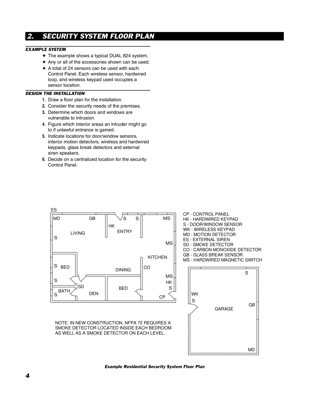 Linear DUAL 824 manual Security System Floor Plan, Example System, Design the Installation 