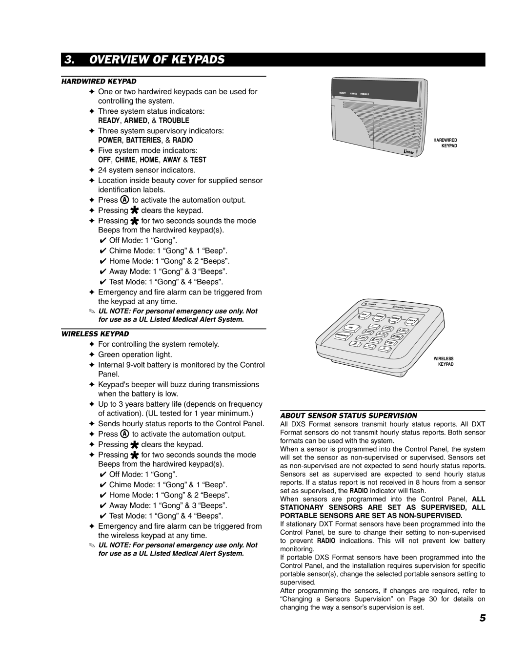 Linear DUAL 824 Overview of Keypads, Hardwired Keypad, Three system supervisory indicators, Five system mode indicators 