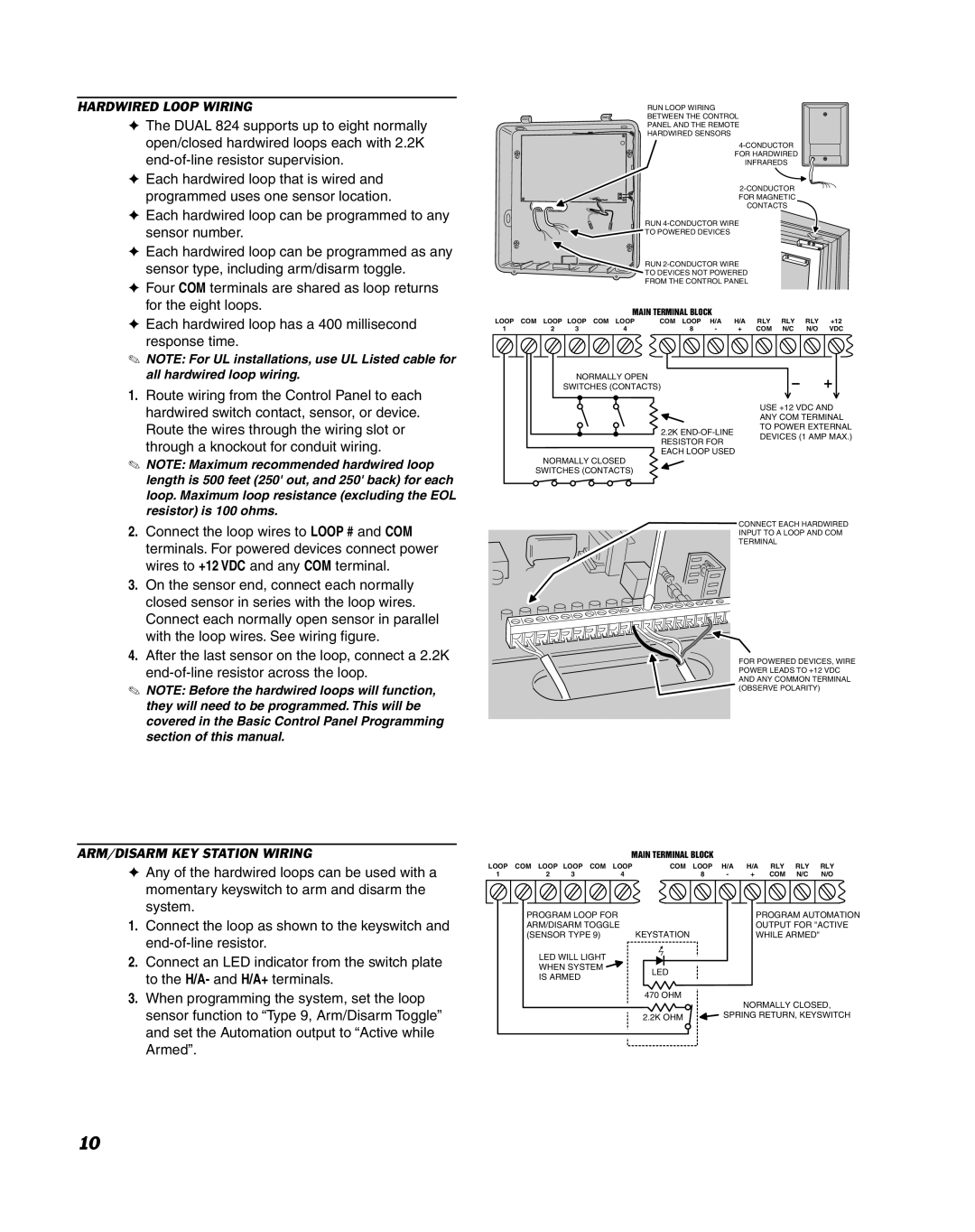 Linear DUAL 824 manual Hardwired Loop Wiring, Arm/Disarm Key Station Wiring, Main Terminal Block 