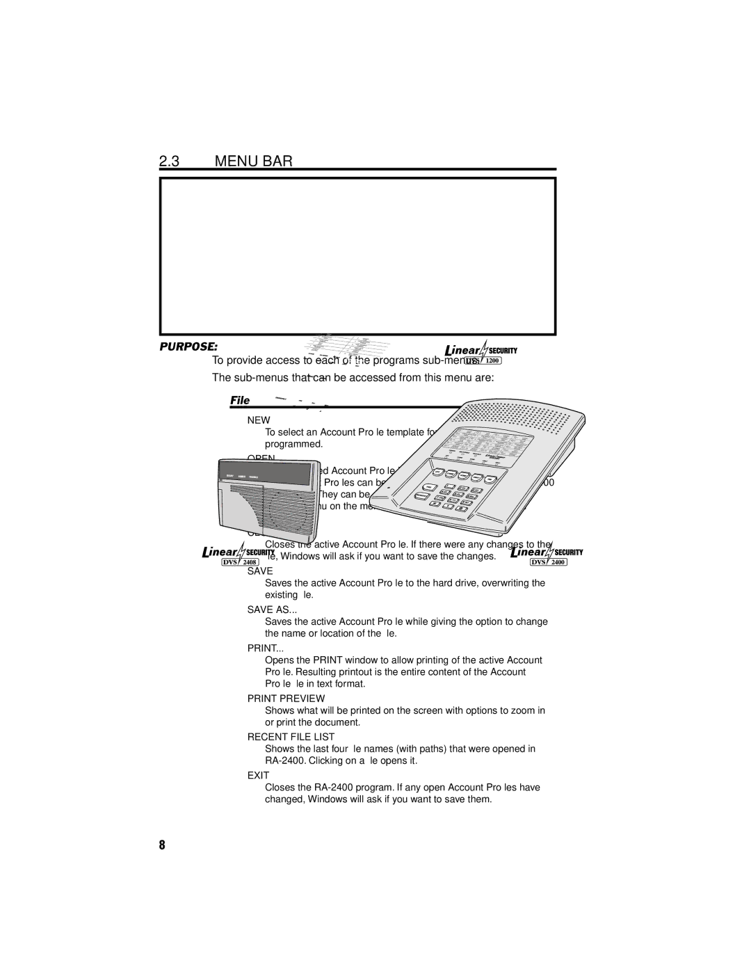 Linear DVS-2400, DVS-1200, RA-2400, DUAL-824, DVS-2408 manual Menu BAR, File 