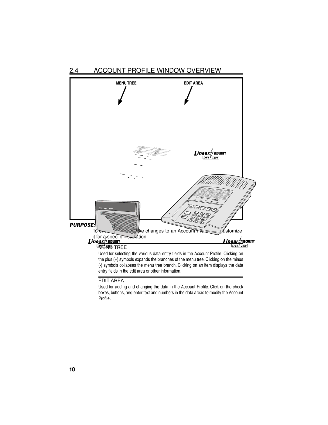 Linear RA-2400, DVS-2400, DVS-1200, DUAL-824, DVS-2408 manual Account Profile Window Overview, Menu Tree, Edit Area 