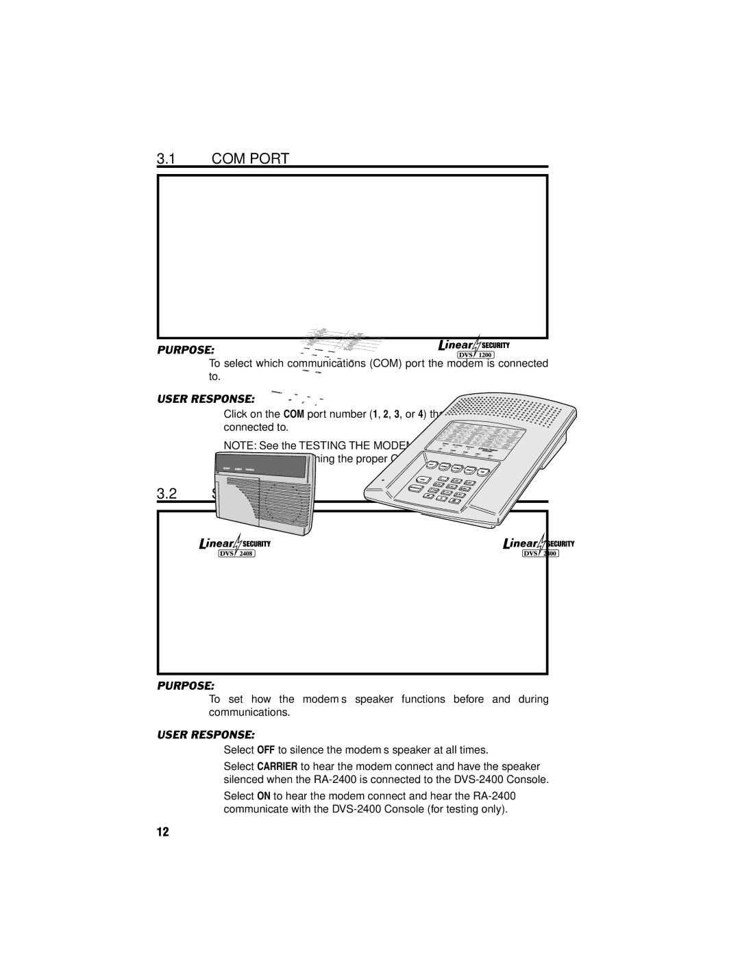 Linear DVS-2408, DVS-2400, DVS-1200, RA-2400, DUAL-824 manual COM Port, Speaker 