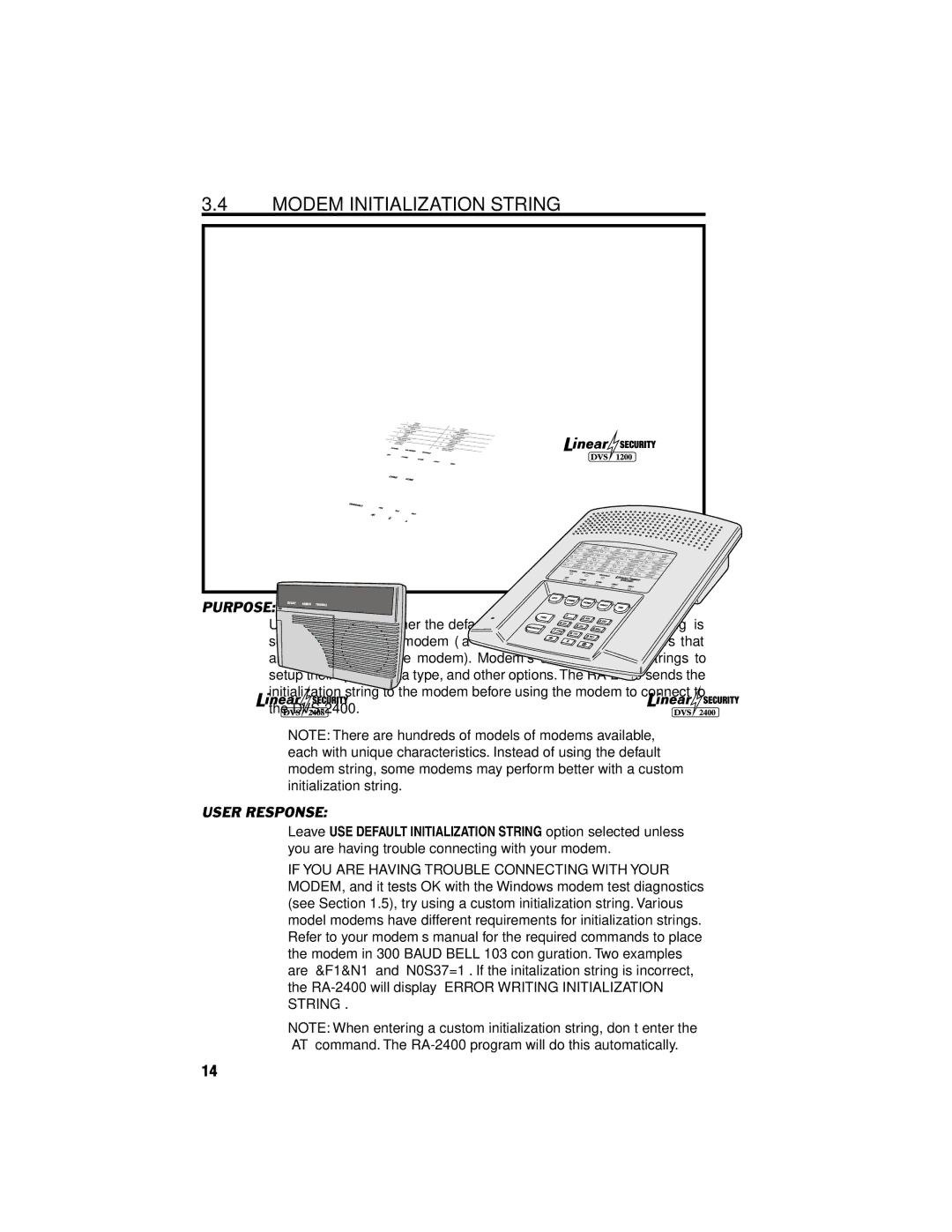 Linear DVS-1200, DVS-2400, RA-2400, DUAL-824, DVS-2408 manual Modem Initialization String 