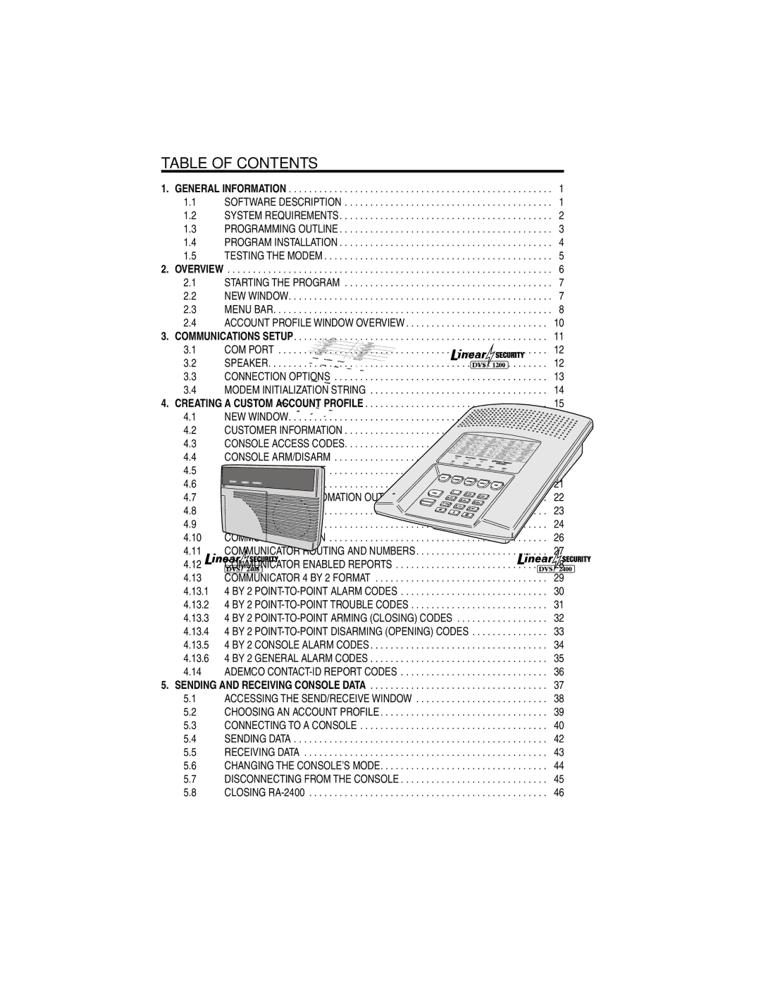 Linear RA-2400, DVS-2400, DVS-1200, DUAL-824, DVS-2408 manual Table of Contents 