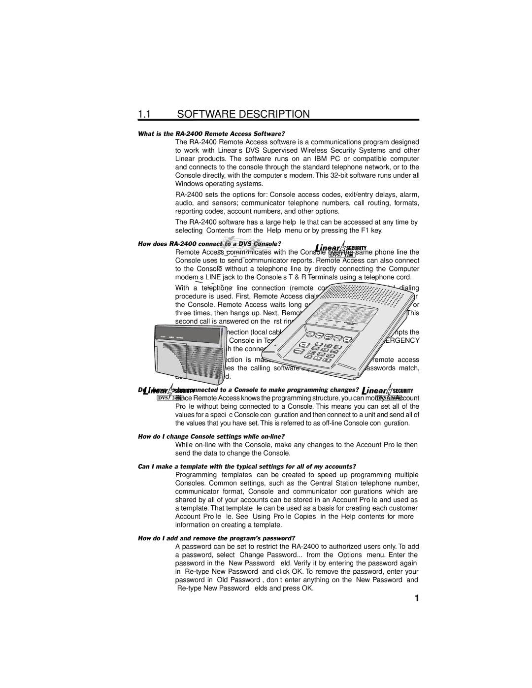 Linear DUAL-824, DVS-2400, DVS-1200, DVS-2408 manual Software Description, What is the RA-2400 Remote Access Software? 