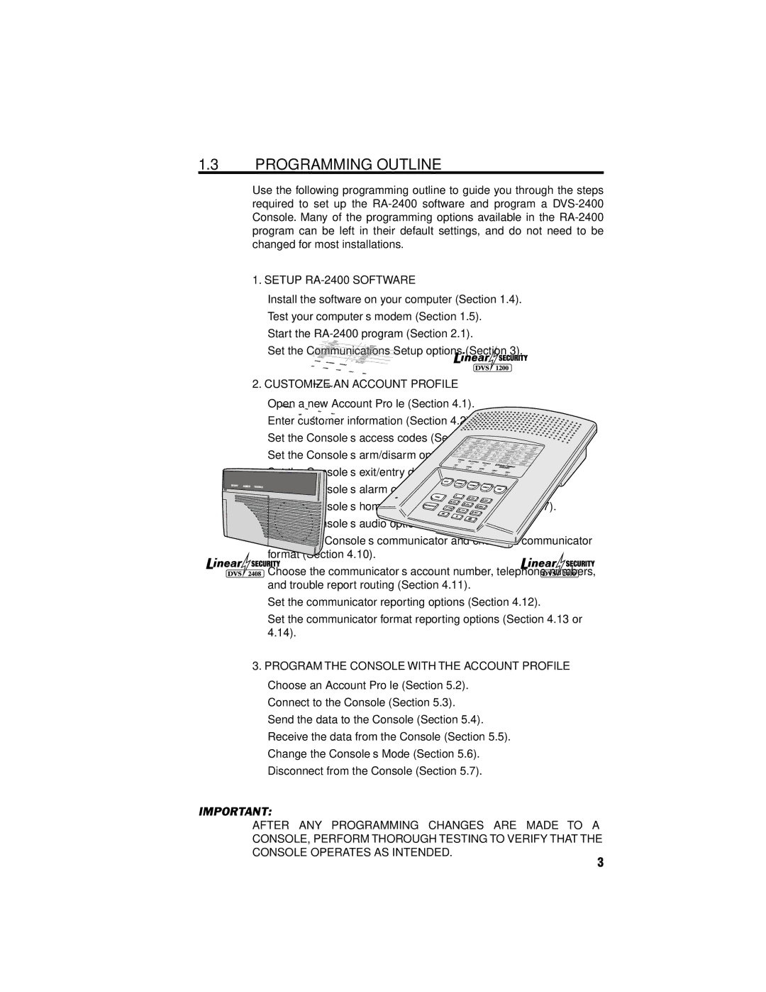 Linear DVS-2400, DVS-1200, DUAL-824, DVS-2408 manual Programming Outline, Setup RA-2400 Software 