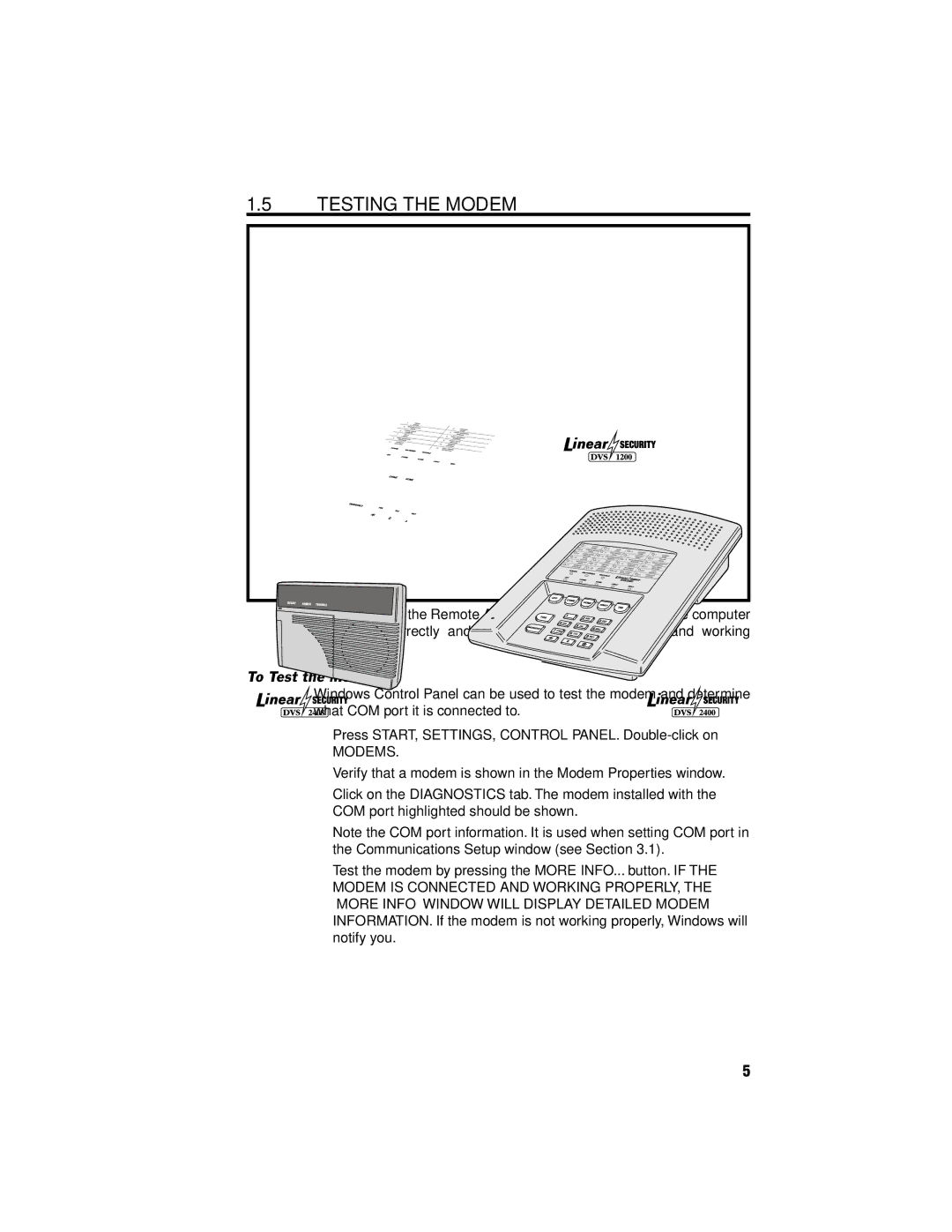 Linear RA-2400, DVS-2400, DVS-1200, DUAL-824, DVS-2408 manual Testing the Modem, To Test the Modem 