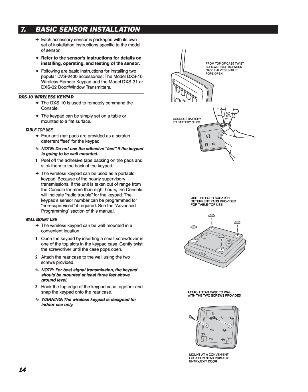 Linear DVS-2400 manual Basic Sensor Installation, DXS-10WIRELESS KEYPAD 