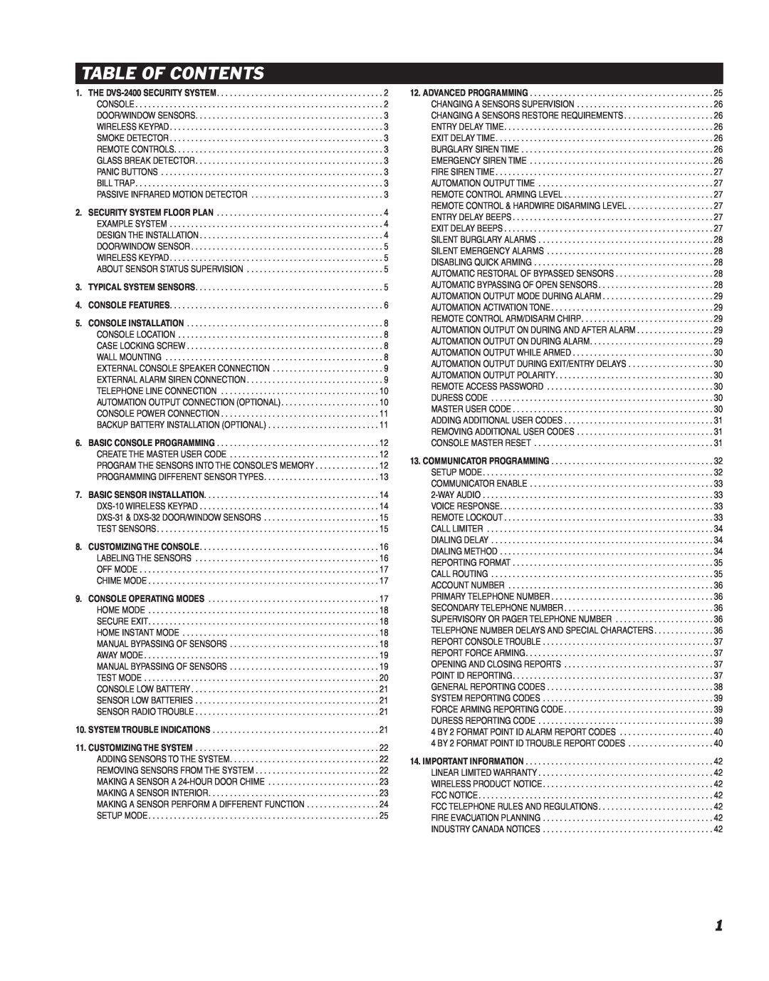 Linear DVS-2400 manual Table Of Contents 