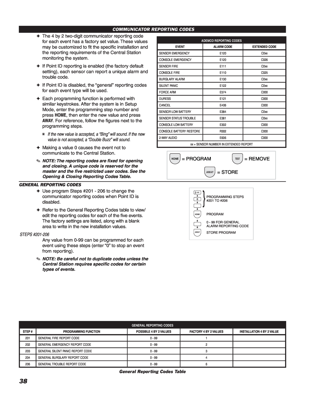 Linear DVS-2400 manual Communicator Reporting Codes, STEPS #201-206, General Reporting Codes Table, Home = Program 