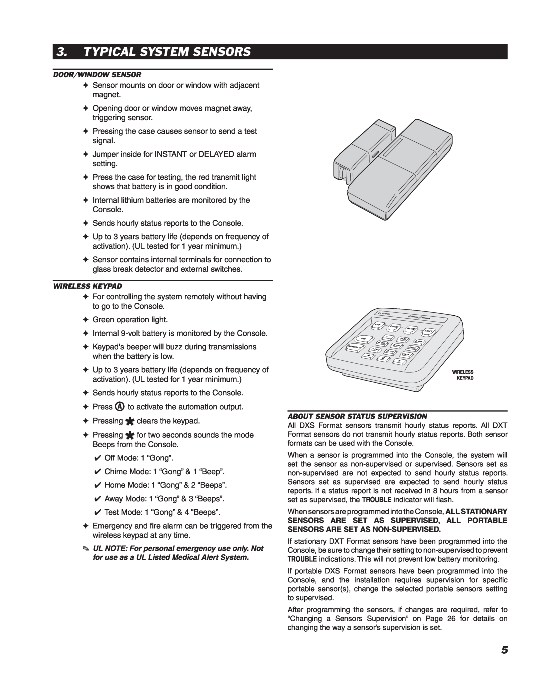 Linear DVS-2400 manual Typical System Sensors, Door/Window Sensor, About Sensor Status Supervision, Wireless Keypad 