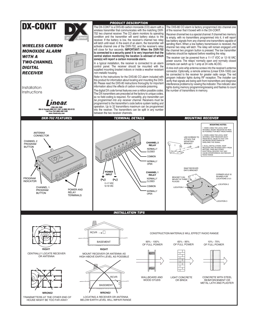 Linear DX-COKIT installation instructions Monoxide Alarm, With a, Two-Channel, Digital, Receiver 