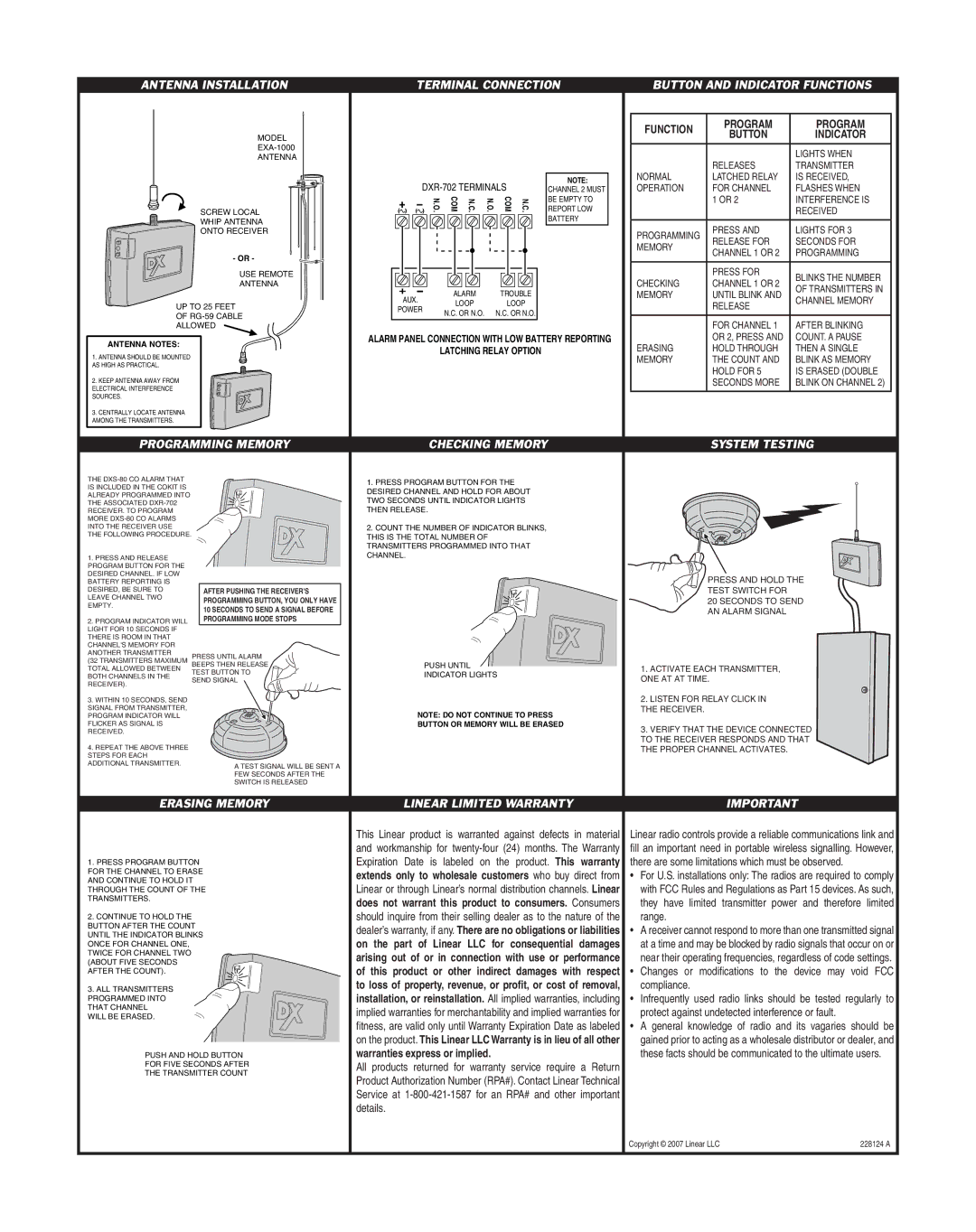 Linear DX-COKIT Antenna Installation, Programming Memory Terminal Connection, Checking Memory, Erasing Memory 