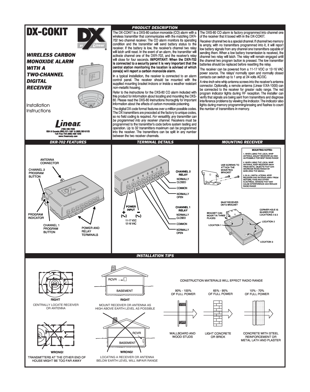 Linear DX-COKIT installation instructions Product Description, Terminal Details, Mounting Receiver, Installation Tips 